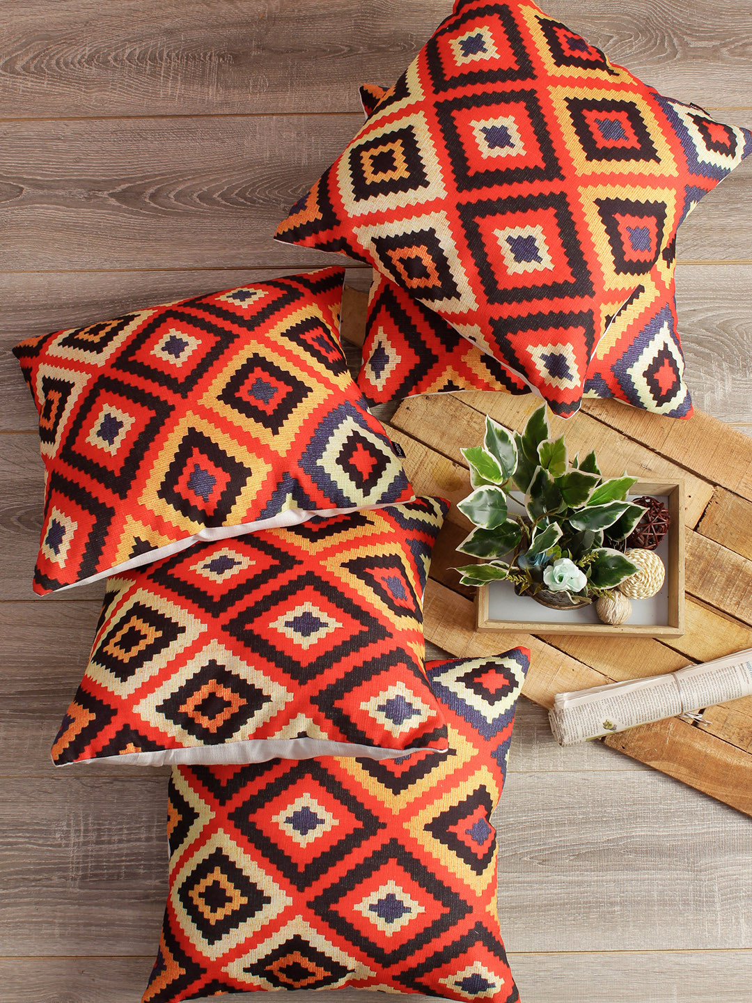 Soumya Orange & Black Set of 5 Geometric Square Cushion Covers