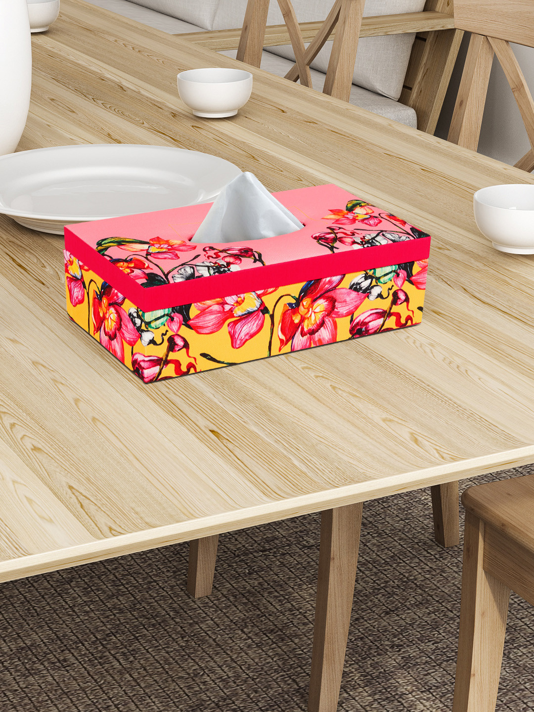 SEJ by Nisha Gupta Pink Printed Floral Wooden Tissue Holder