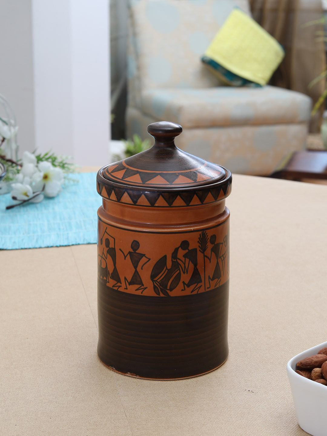 Miah Decor Worli Art Brown Conversational Ceramic Hand-Painted Flip Top Canister