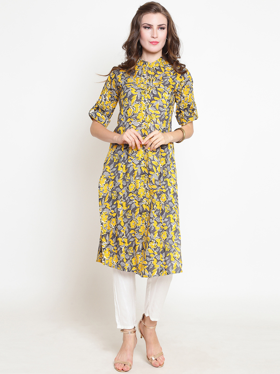 Sera Women Yellow & Grey Printed Kurta with Palazzos