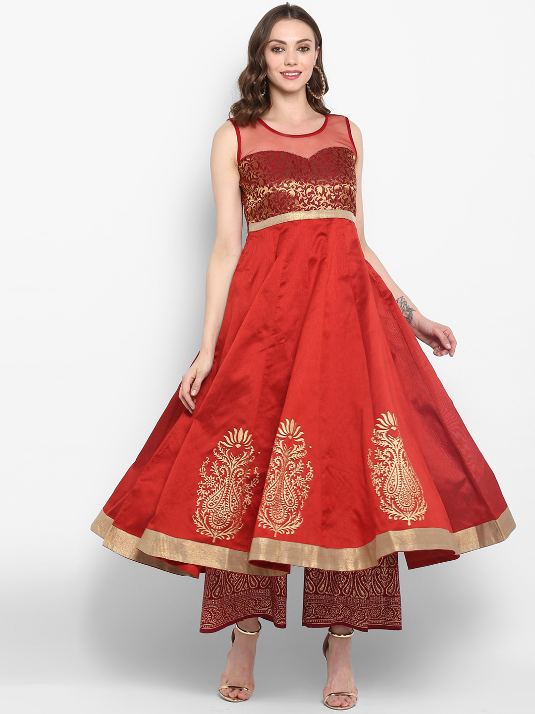 MBE Women Maroon Block Print Woven Design A-Line Kurta