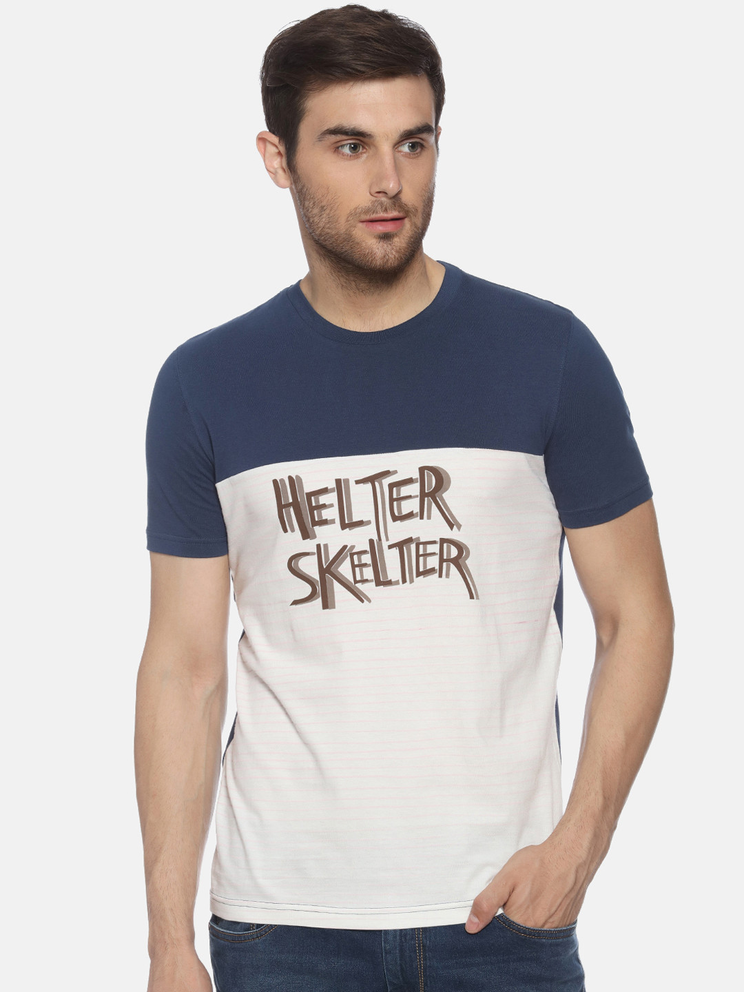 YAK YAK Men Navy Blue Printed Round Neck Pure Cotton T-shirt