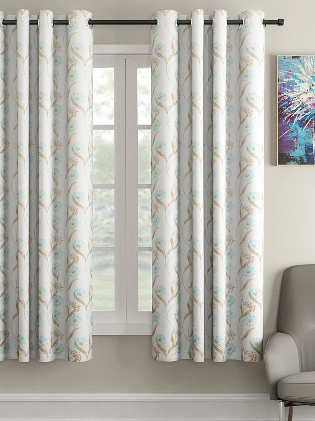 Soumya Blue & White Floral Print Single Window Curtain