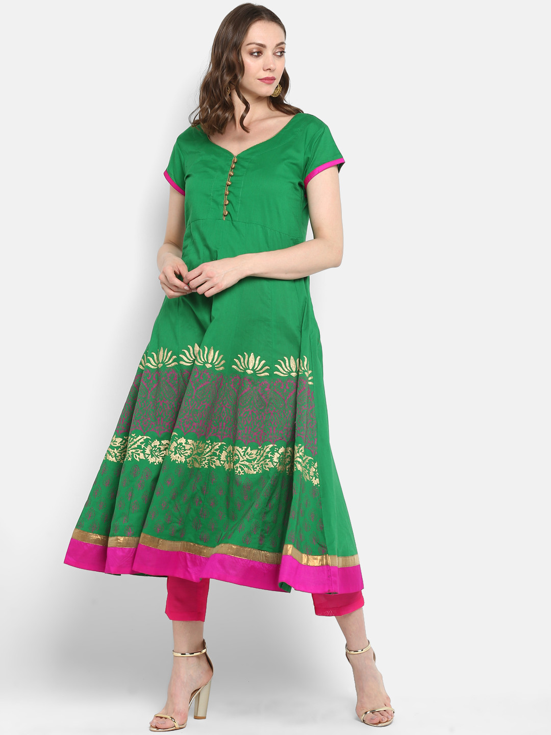 MBE Women Green Block Print Anarkali Kurta