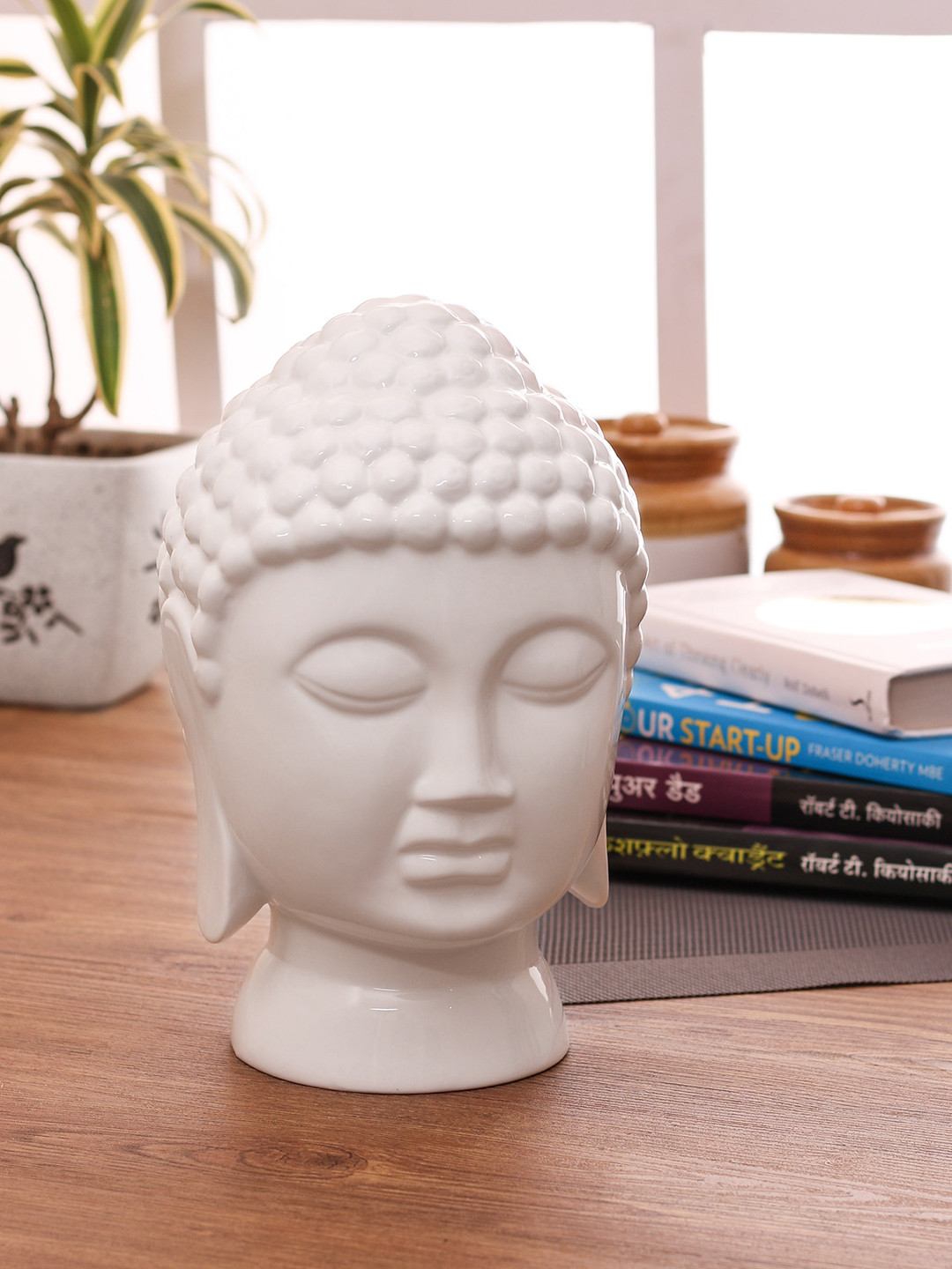 CLAY CRAFT Buddha Head White Ceramic Glossy Living Room Medium Showpiece - 9.1 Inches