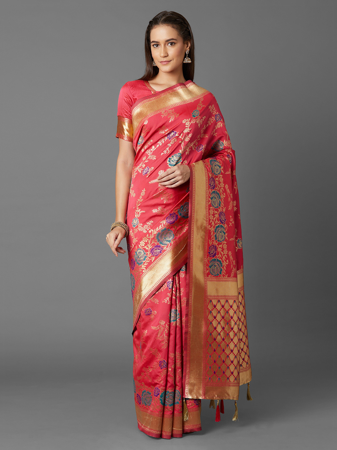 Mitera Pink & Gold-Toned Silk Blend Woven Design Kanjeevaram Saree