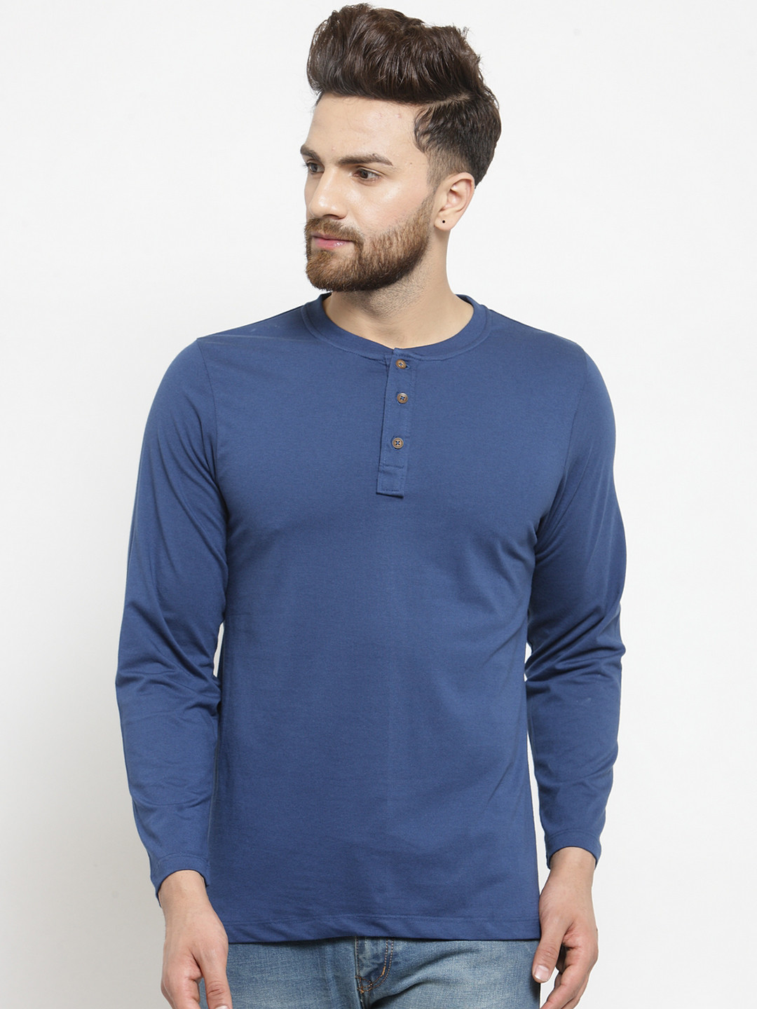 Kalt Men Blue Solid Mandarin Collar T-shirt