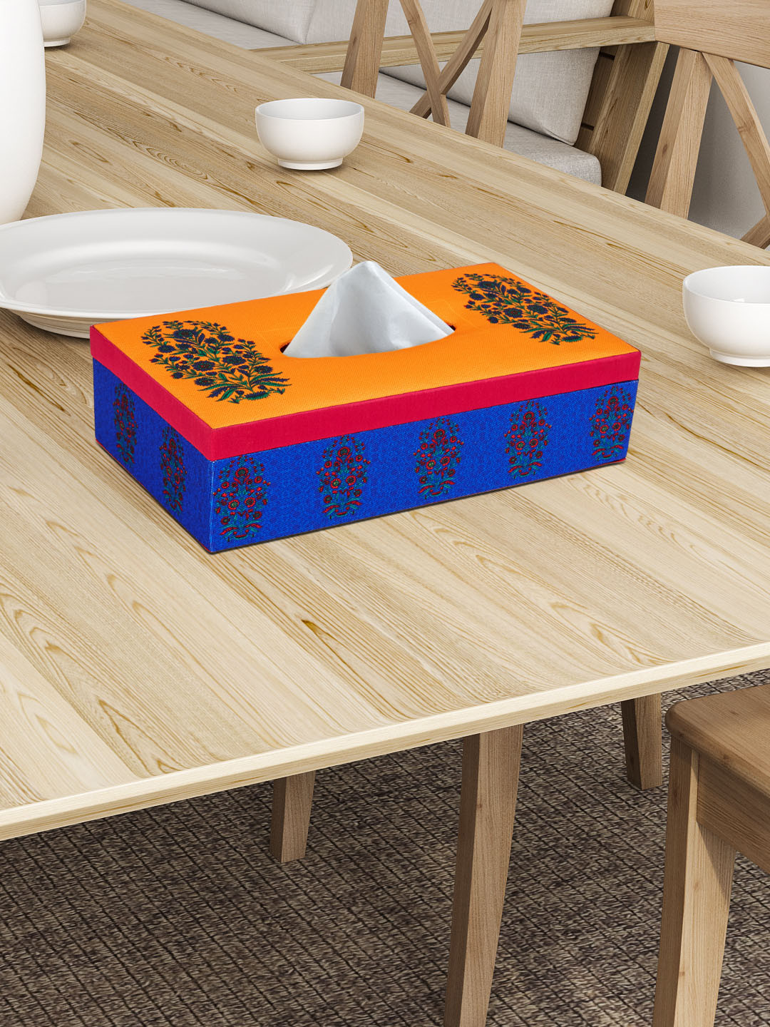 SEJ by Nisha Gupta Blue & Mustard Wooden Tissue Holder