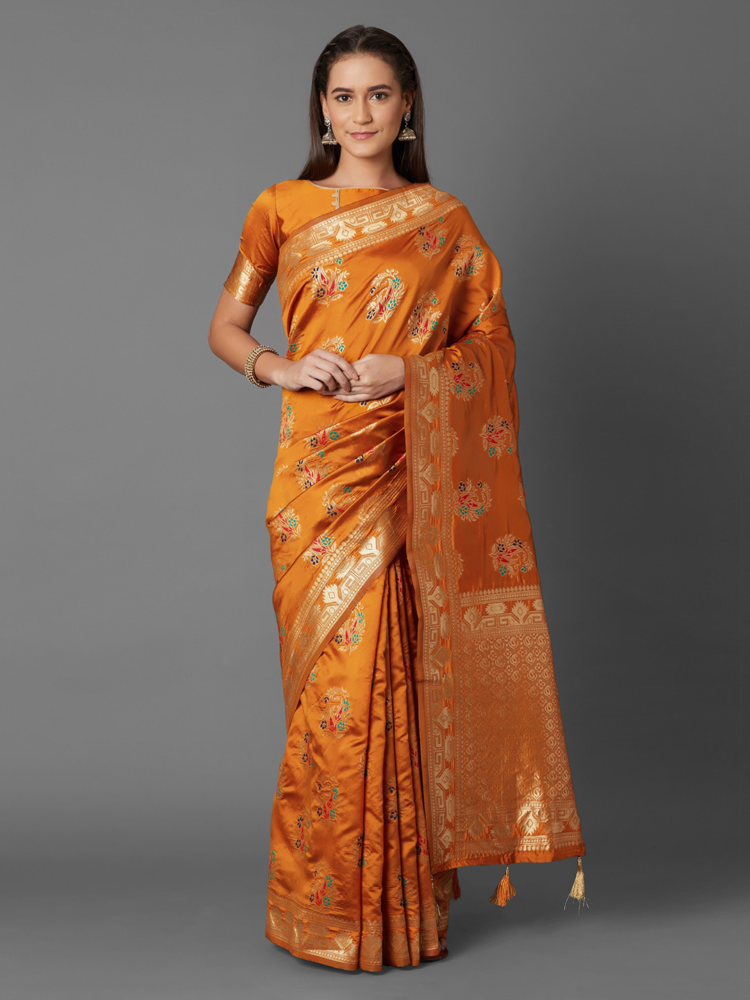 Mitera Orange Silk Blend Woven Design Kanjeevaram Saree