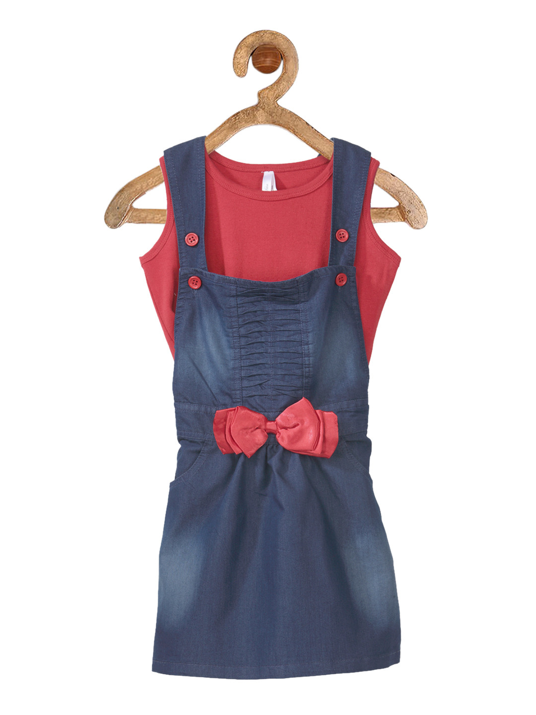 StyleStone Girls Blue & Red Denim Pinafore Dress