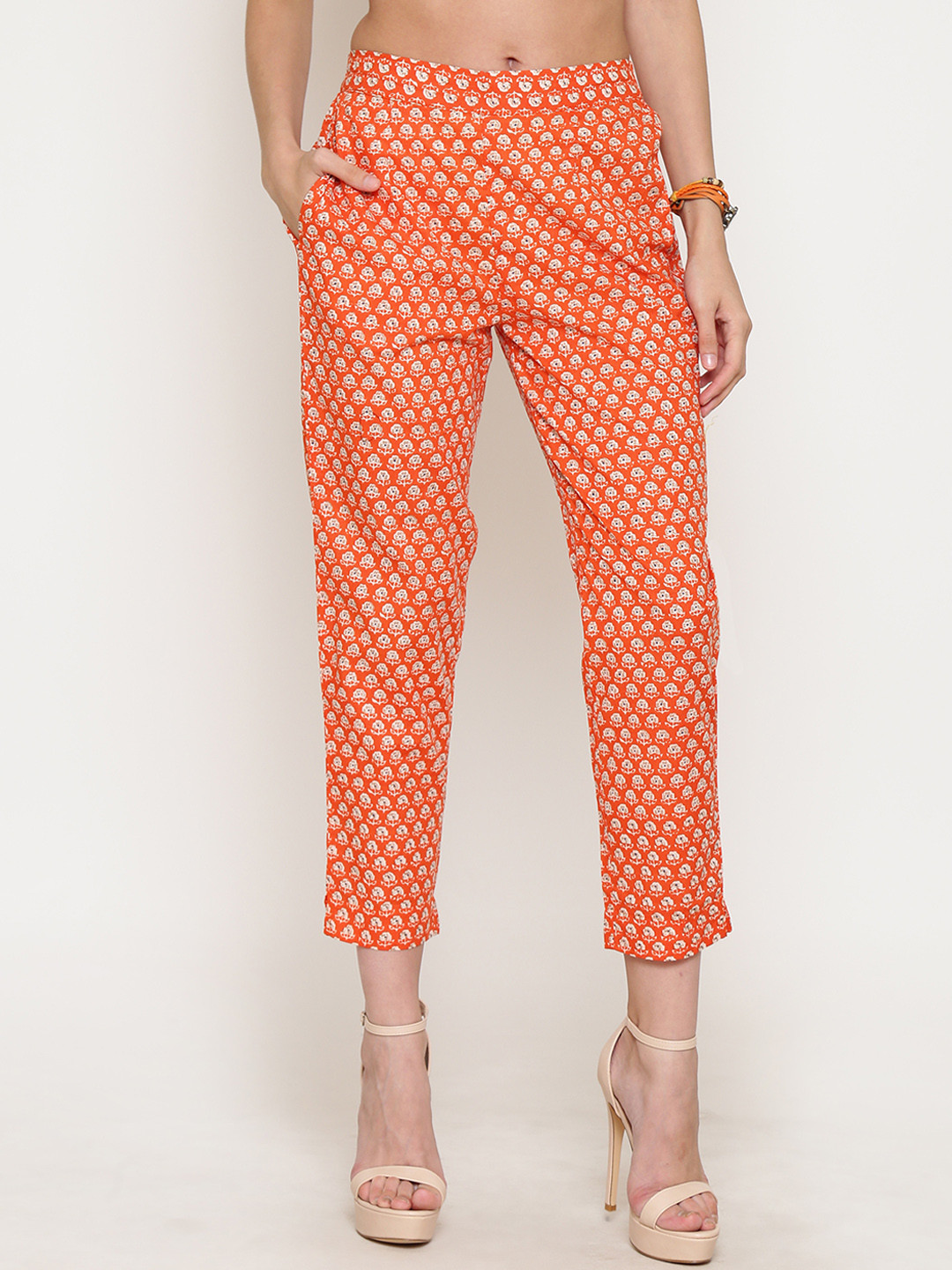 Sera Women Orange & Off-White Straight Fit Printed Cigarette Trousers