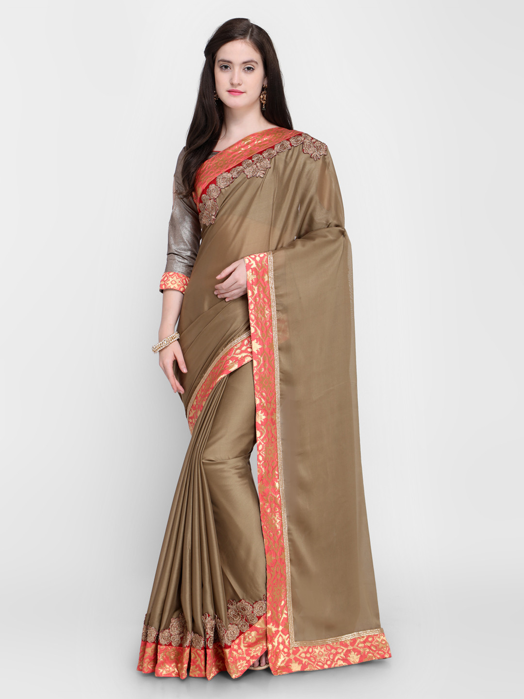 Shaily Brown Pure Crepe Saree With Embroidered Detail
