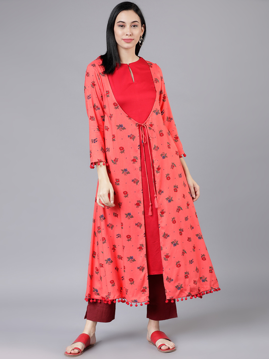 Vishudh Women Pink & Red Printed A-Line Layered Kurta