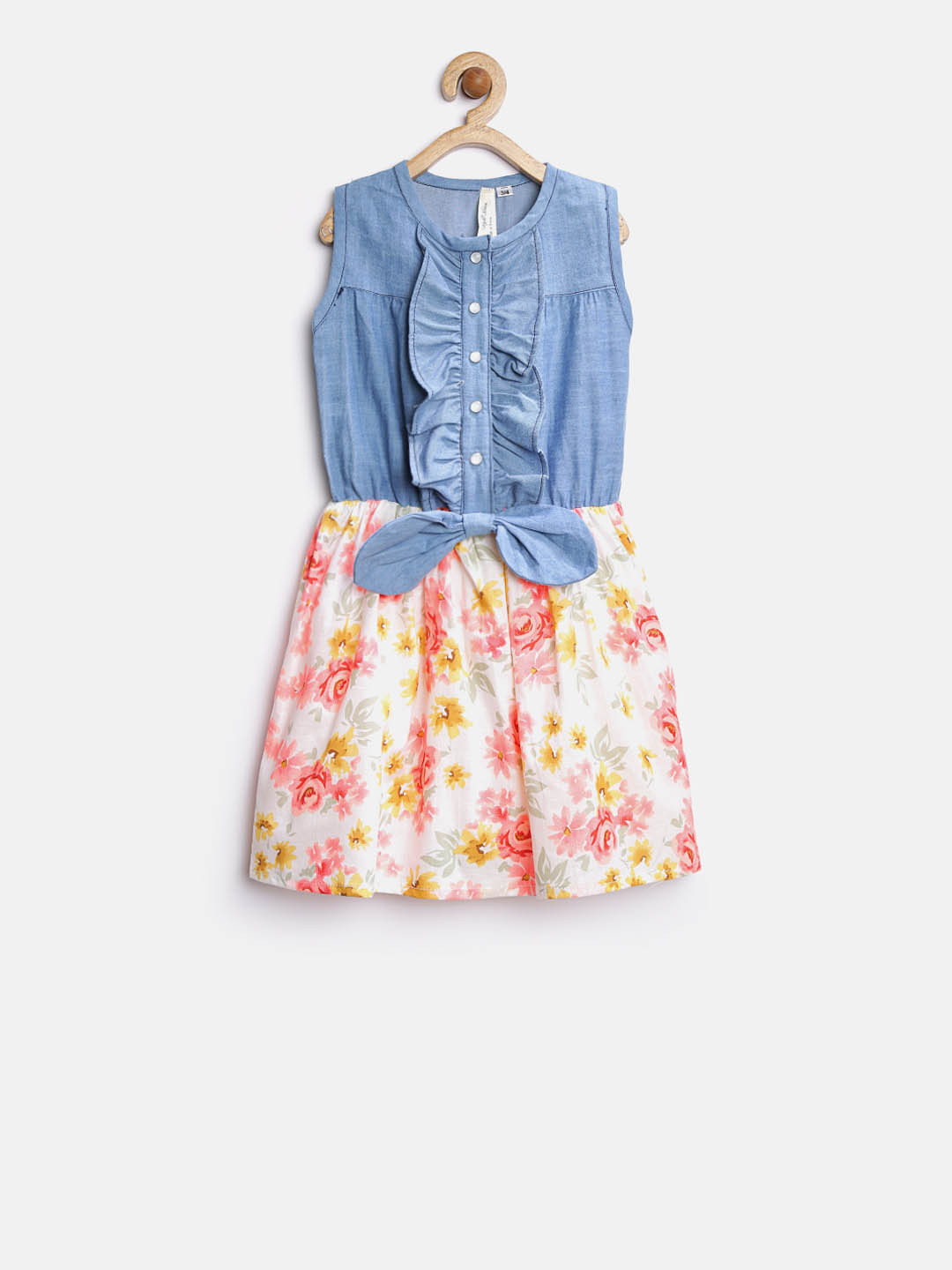 StyleStone Girls Blue & Pink Denim Fit and Flare Dress