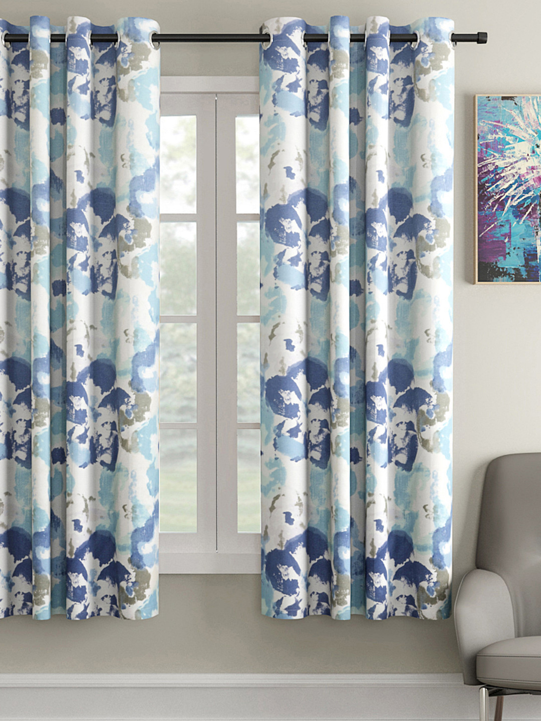 Soumya Blue & White Floral Print Single Window Curtain