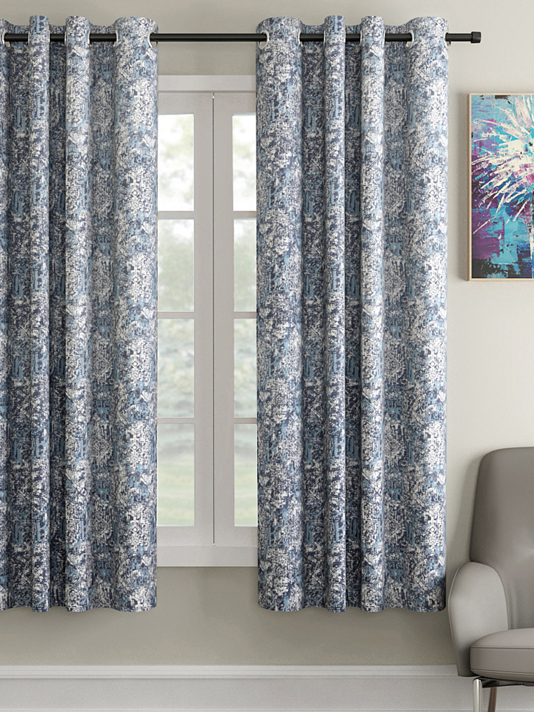 Soumya Blue & White Printed Single Window Curtain