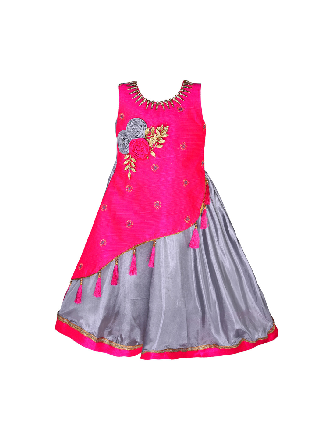 Wish Karo Girls Pink & Grey Fit and Flare Dress
