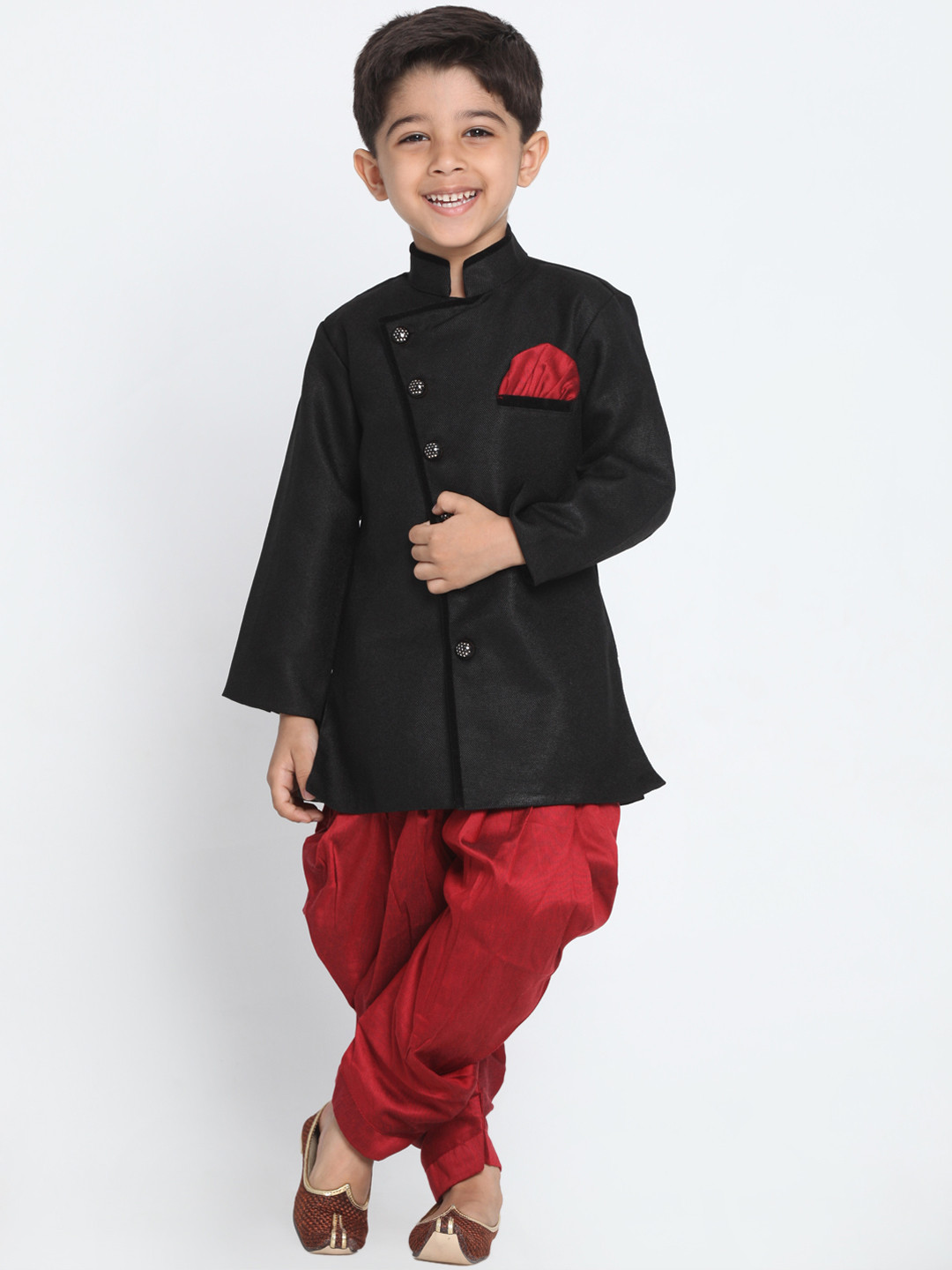 JBN Creation Boys Black & Maroon Solid Sherwani Set
