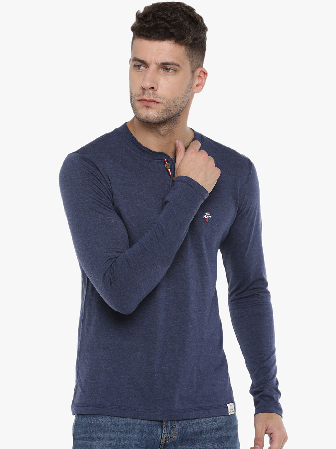 Force NXT Men Navy Blue Solid Mandarin Collar T-shirt