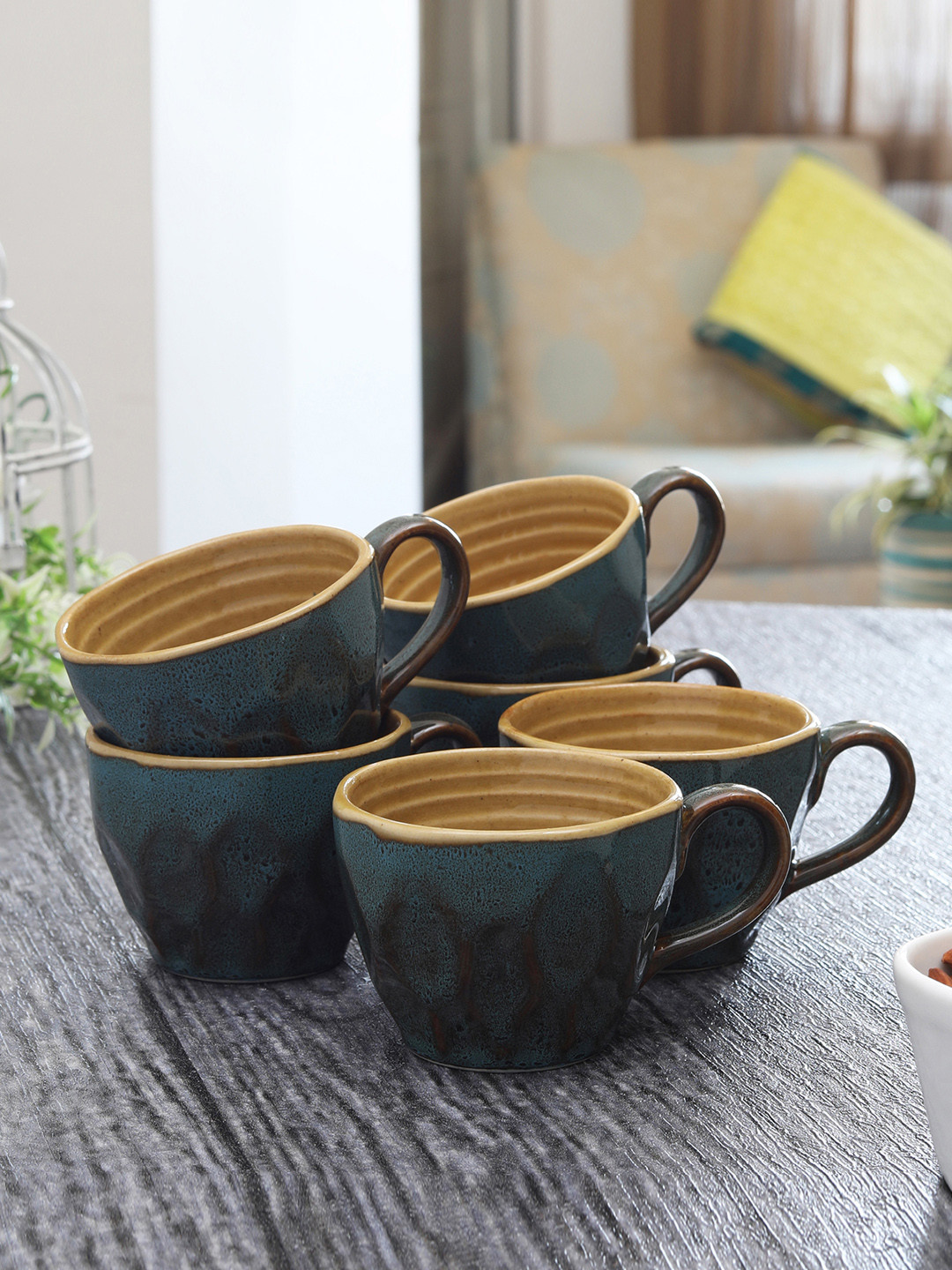 MIAH Decor Set of 6 Green & Mustard Yellow Glazed Coffee Mugs