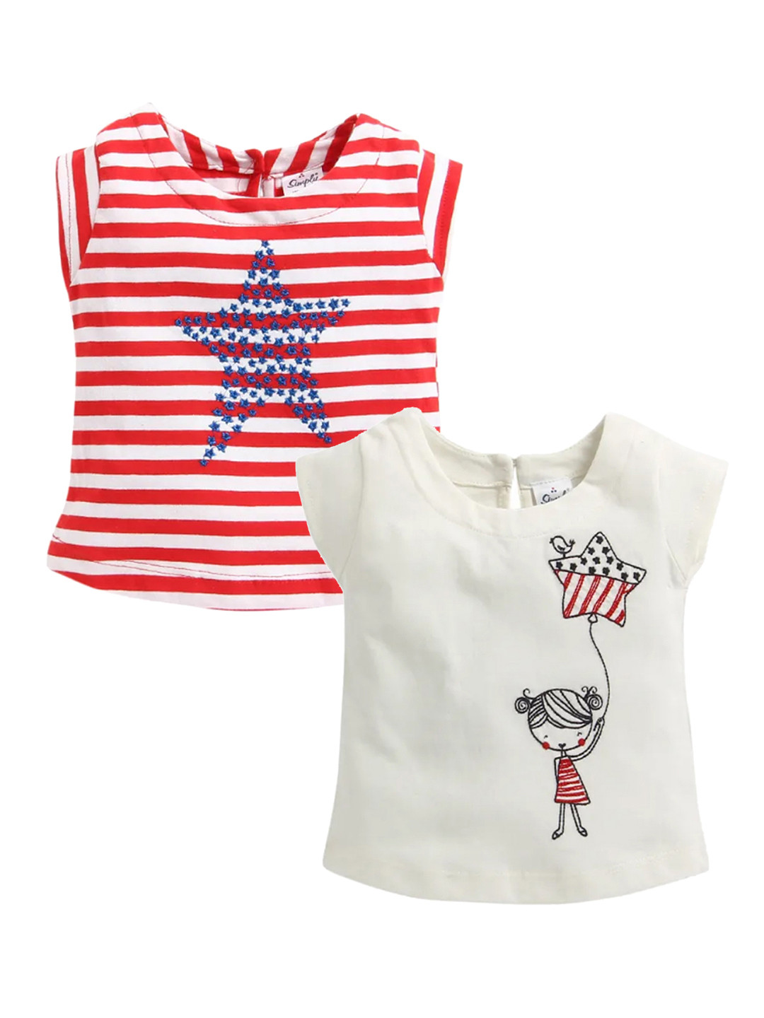 Simply Girls Red & White Set Of 2 Pure Cotton Tops