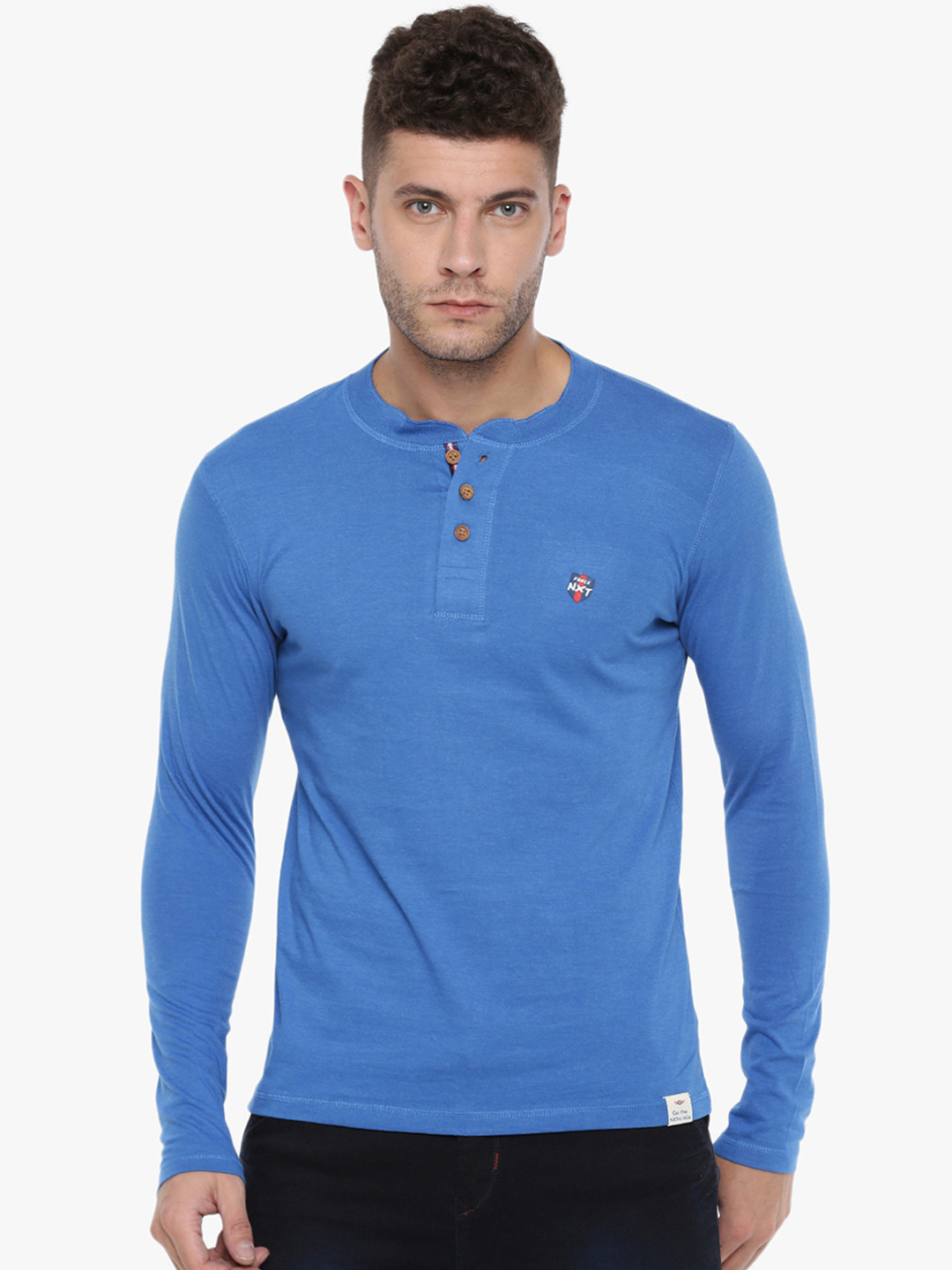 Force NXT Men Blue Solid Henley Neck T-shirt