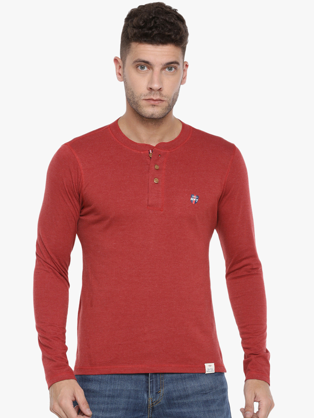 Force NXT Men Red Solid Henley Neck T-shirt