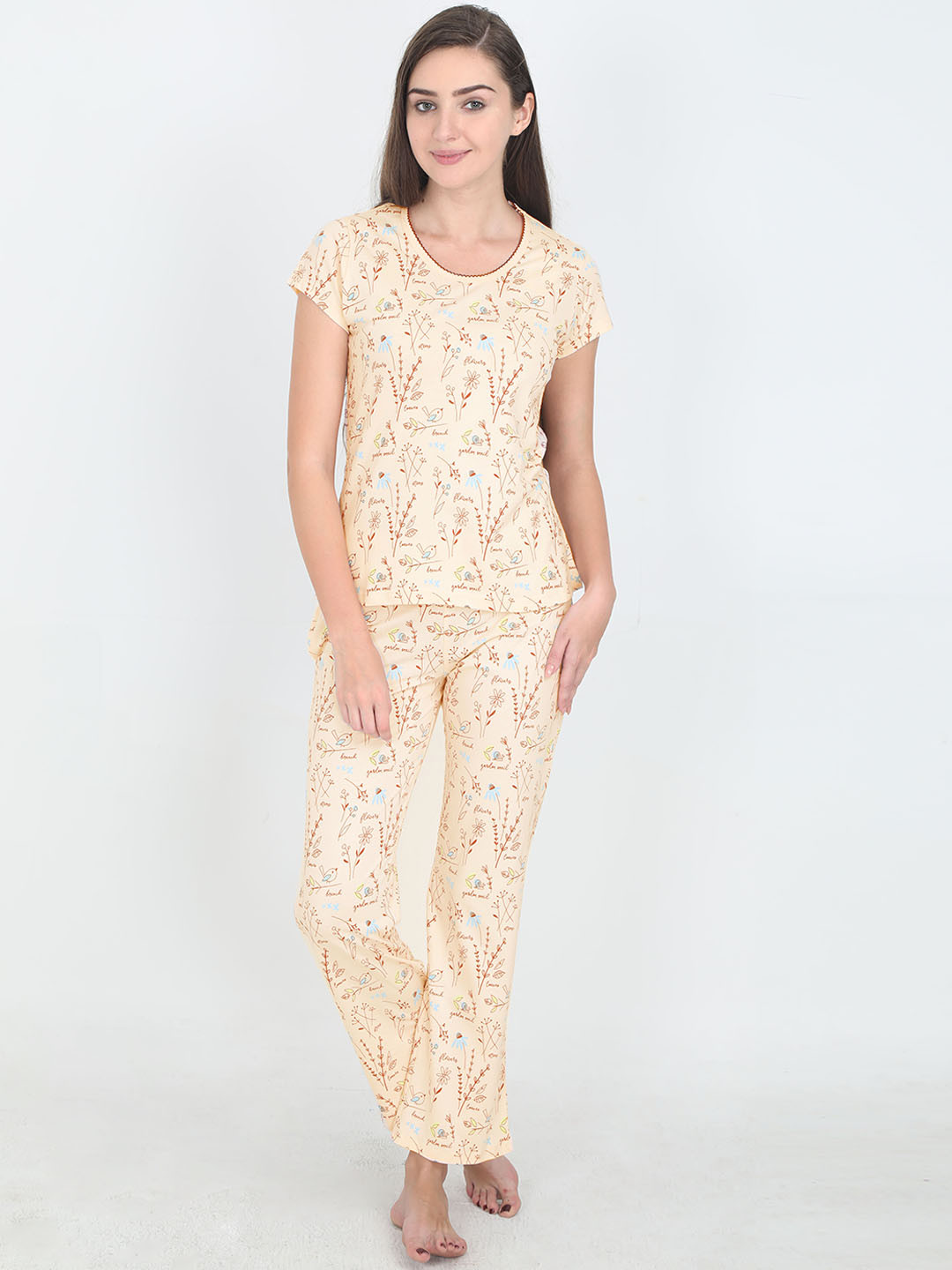 Femmora Women Cream-Coloured Printed Night suit