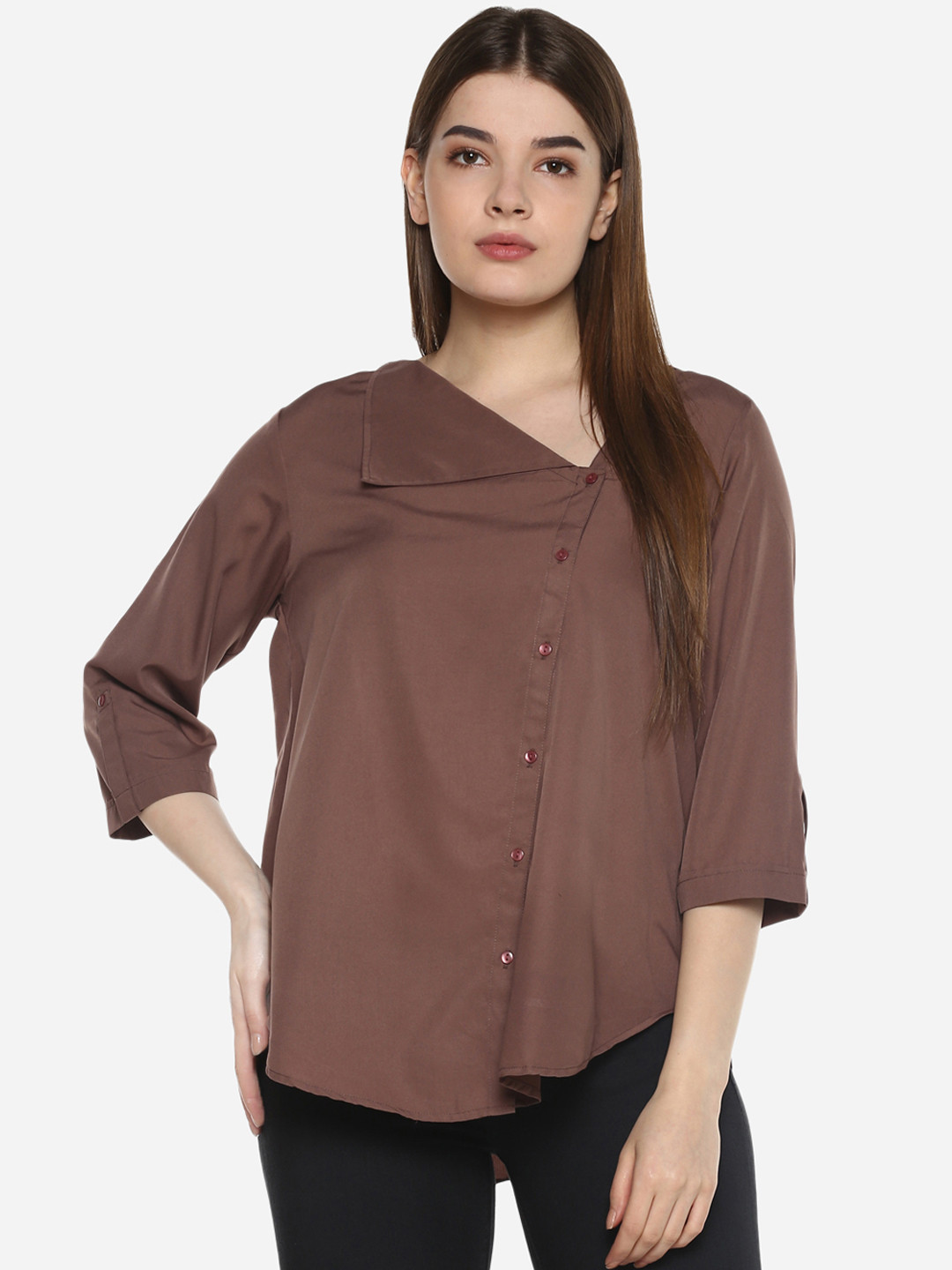 Qurvii Plus Size Women Brown Regular Fit Solid Casual Shirt