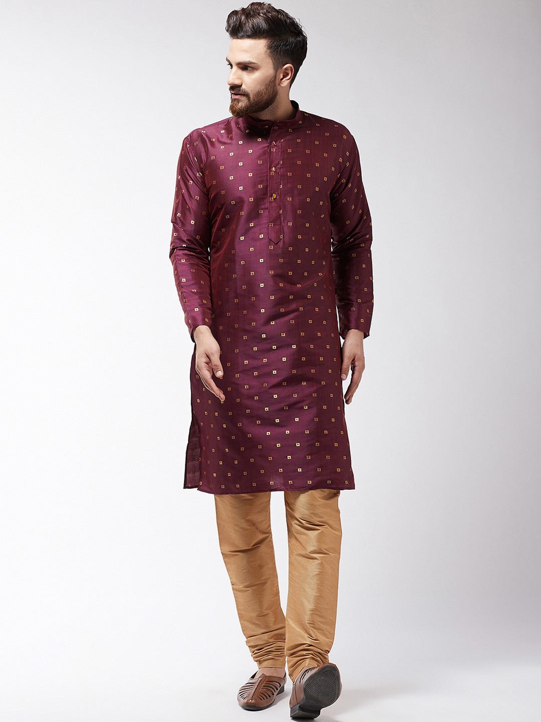 SOJANYA Men Burgundy & Gold-Coloured Self Design Kurta with Churidar