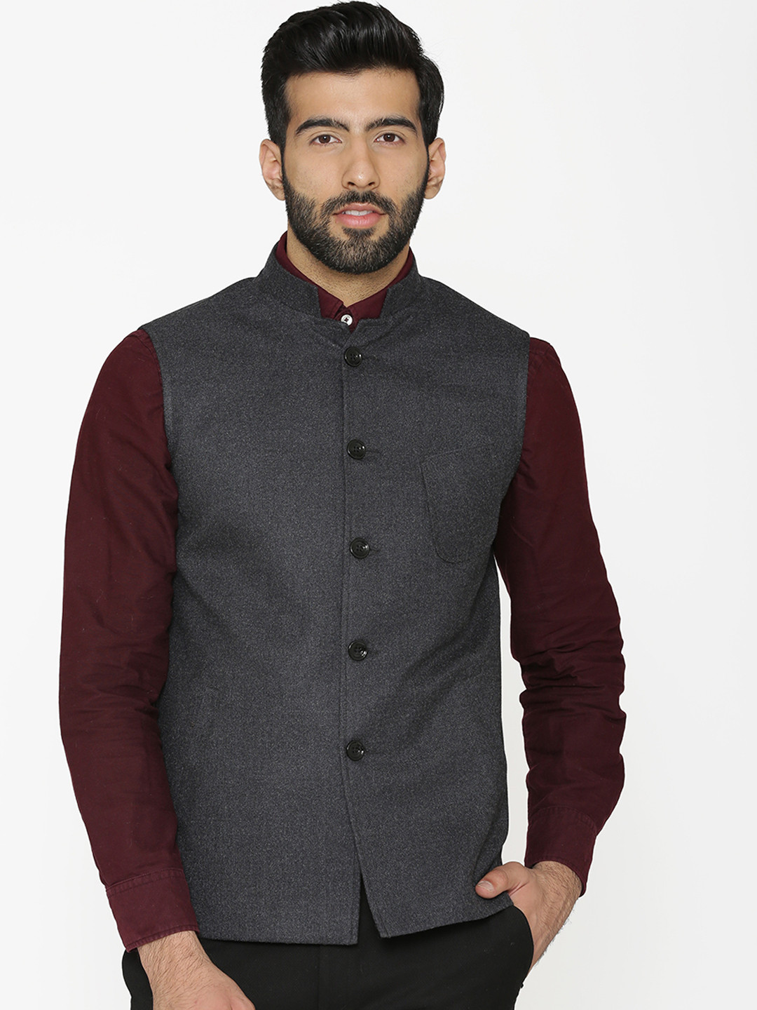 Wintage Men Black Solid Woven Nehru Jacket