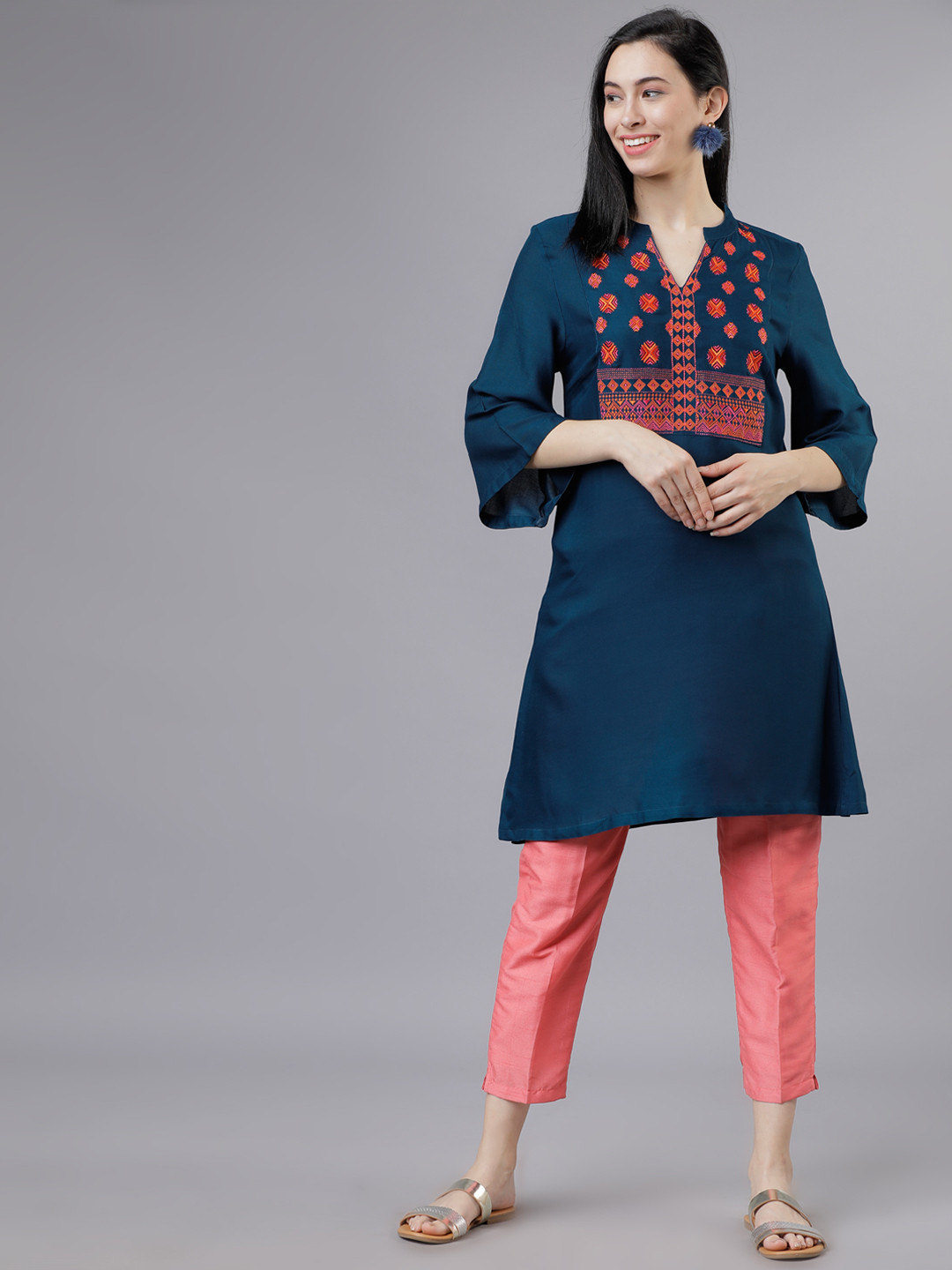 Vishudh  teal Embroidered A-Line Tunic