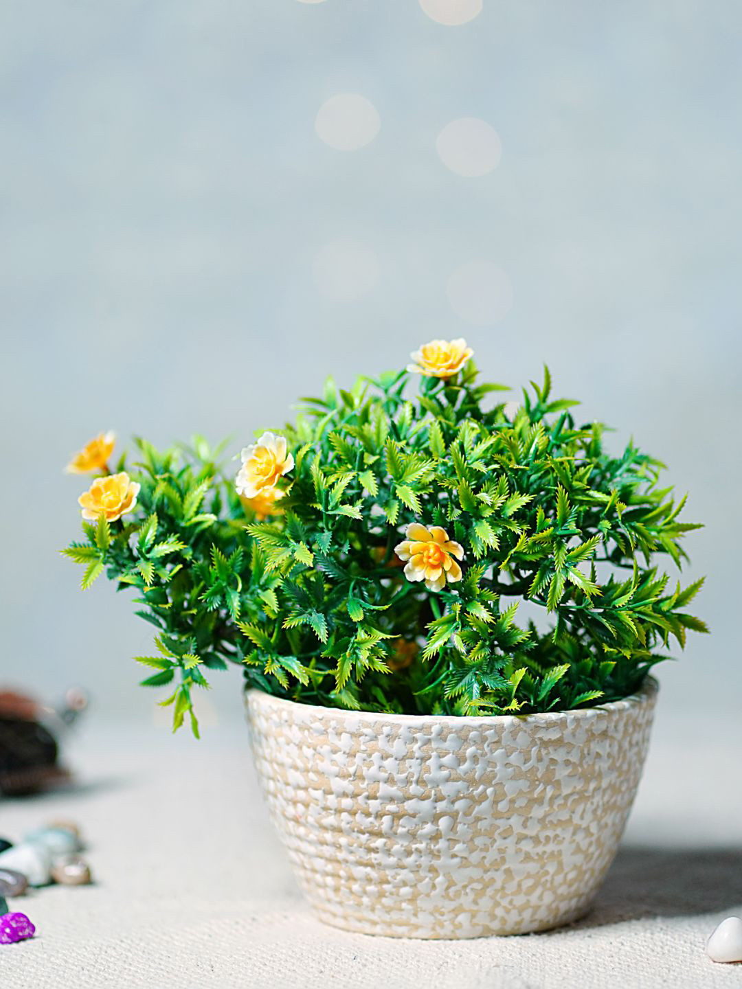 Unravel India Yellow & White Printed Ceramic Oval Table Top Planter