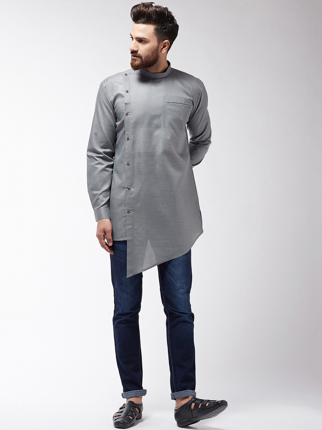 SOJANYA Men Grey Solid Asymmetric Hemline Straight Kurta