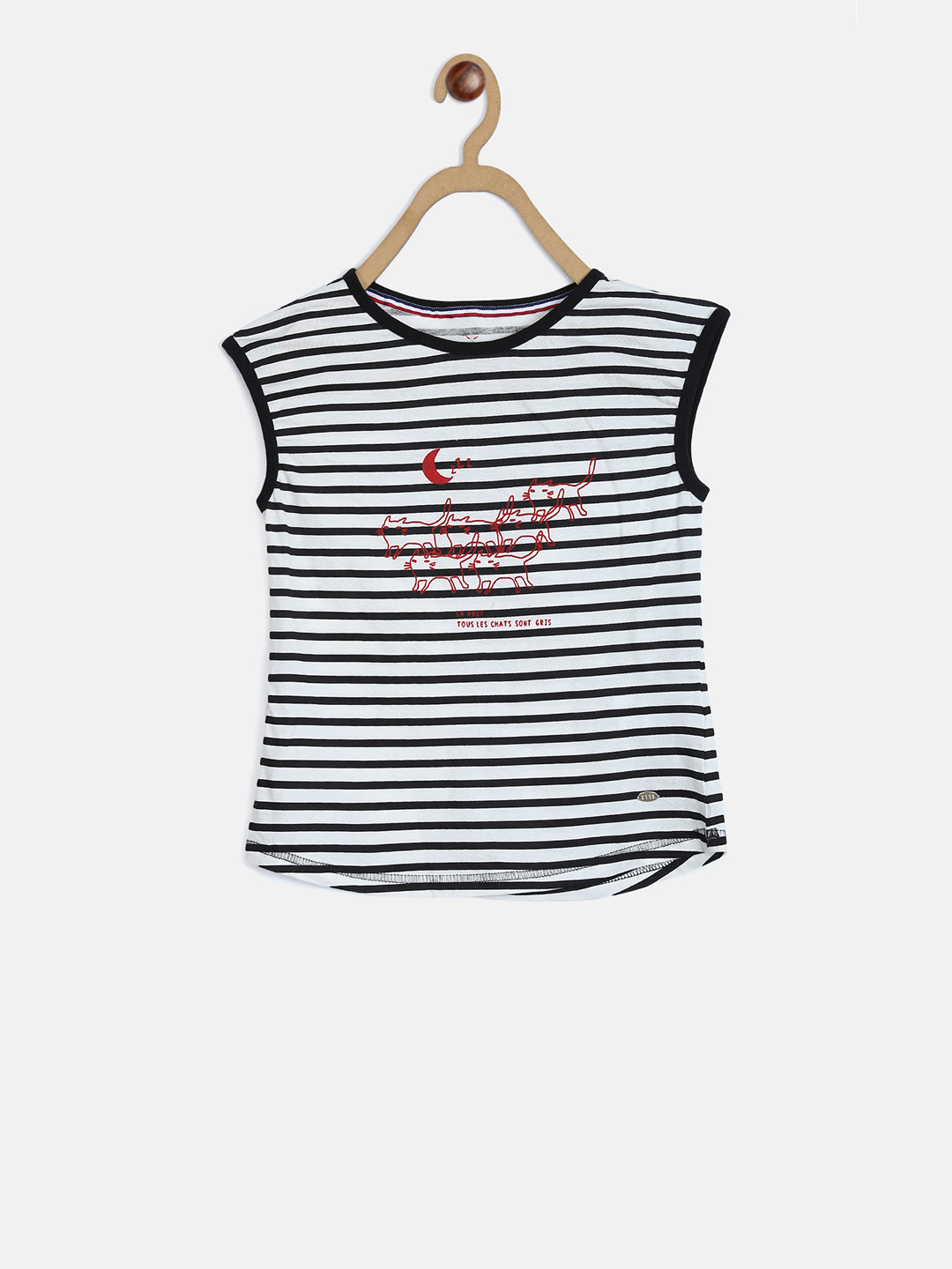 ELLE Girls White & Black Striped Round Neck T-shirt