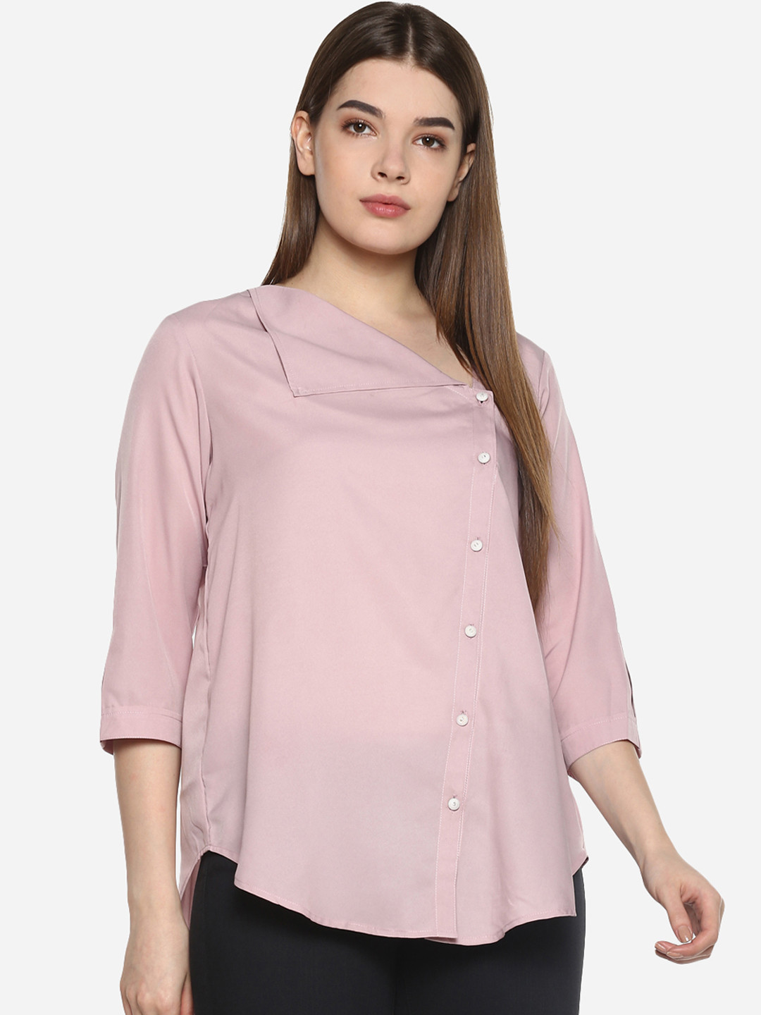 Qurvii Plus Size Women Pink Regular Fit Solid Casual Shirt