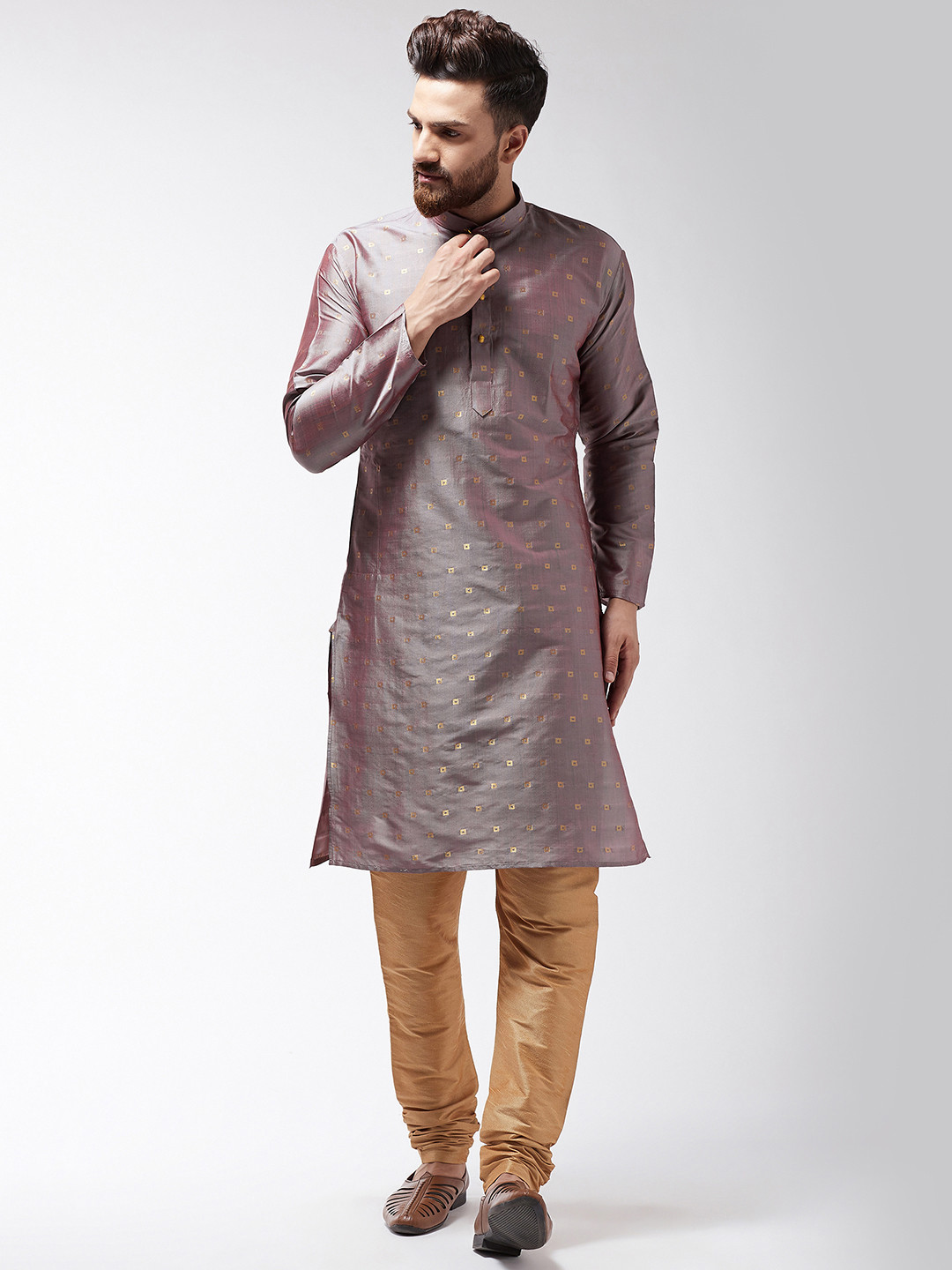 SOJANYA Men Taupe Self Design Kurta with Churidar