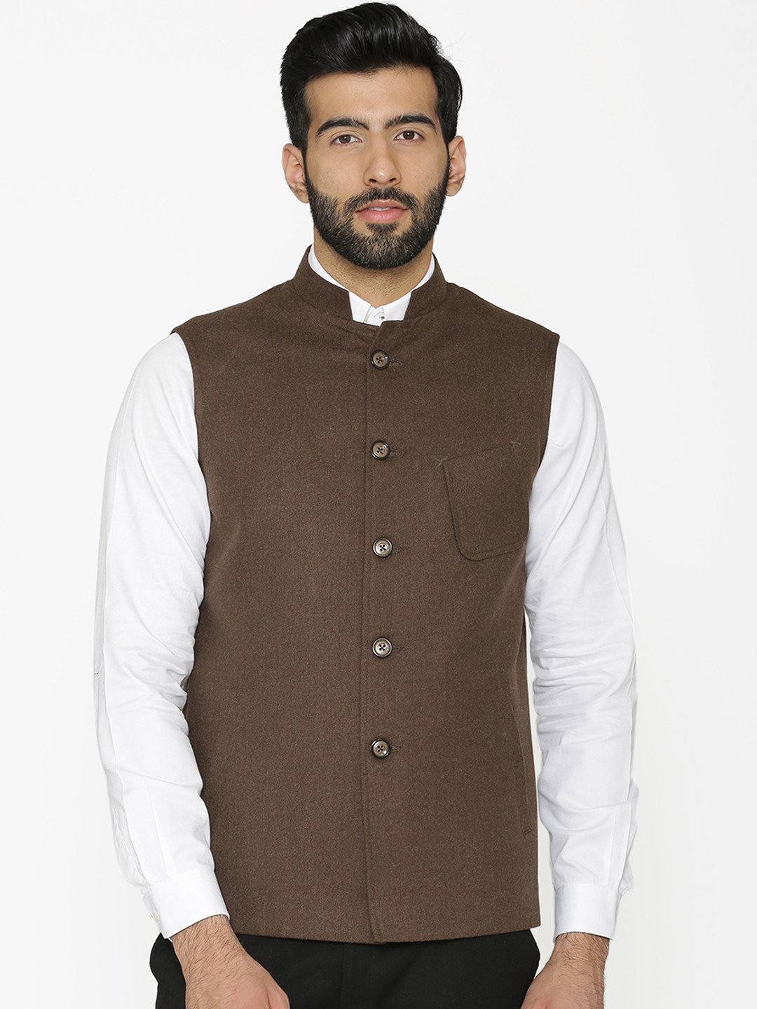Wintage Men Brown Solid Woven Nehru Jacket