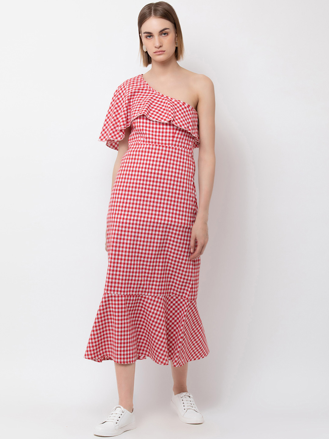 DODO & MOA Women Red & White Checked Sheath Dress