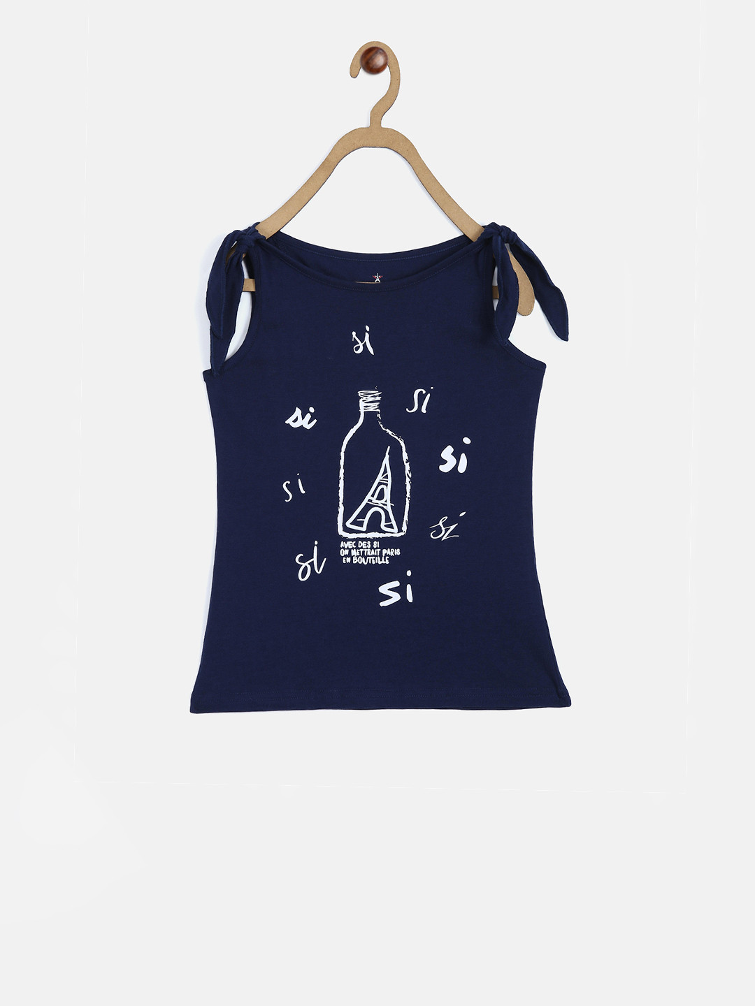 ELLE Girls Navy Blue Printed Round Neck T-shirt