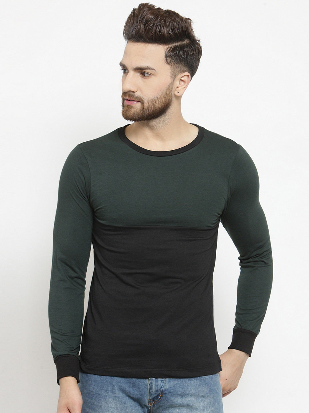 Kalt Men Green & Black Colourblocked Round Neck T-shirt