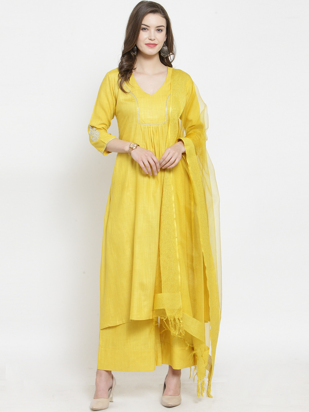 Varanga Women Yellow Solid Kurti with Palazzos & Dupatta