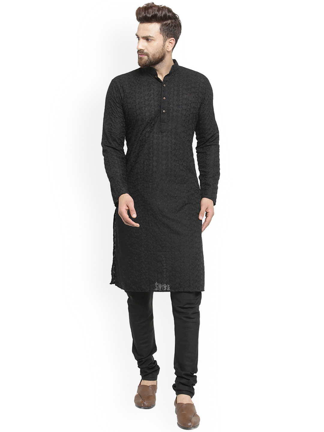TREEMODA Men Black Embroidered Chikankari Linen Kurta with Churidar
