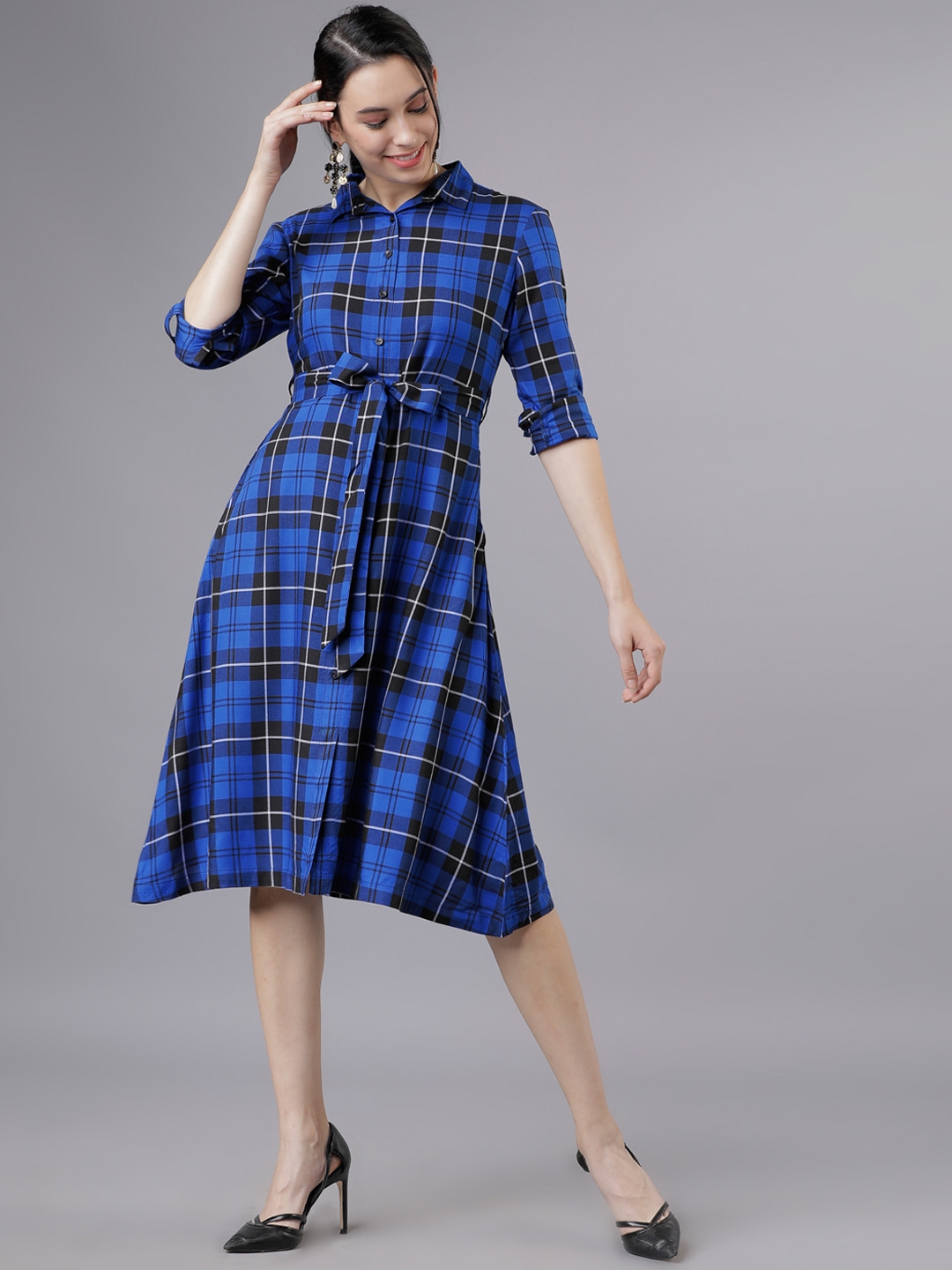 Dresses Shop Blue check midi dress online at bebaakstudiocom  Bebaak