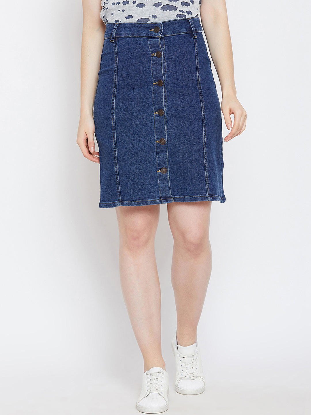 CHROME & CORAL Women Blue Solid Denim Straight Skirt