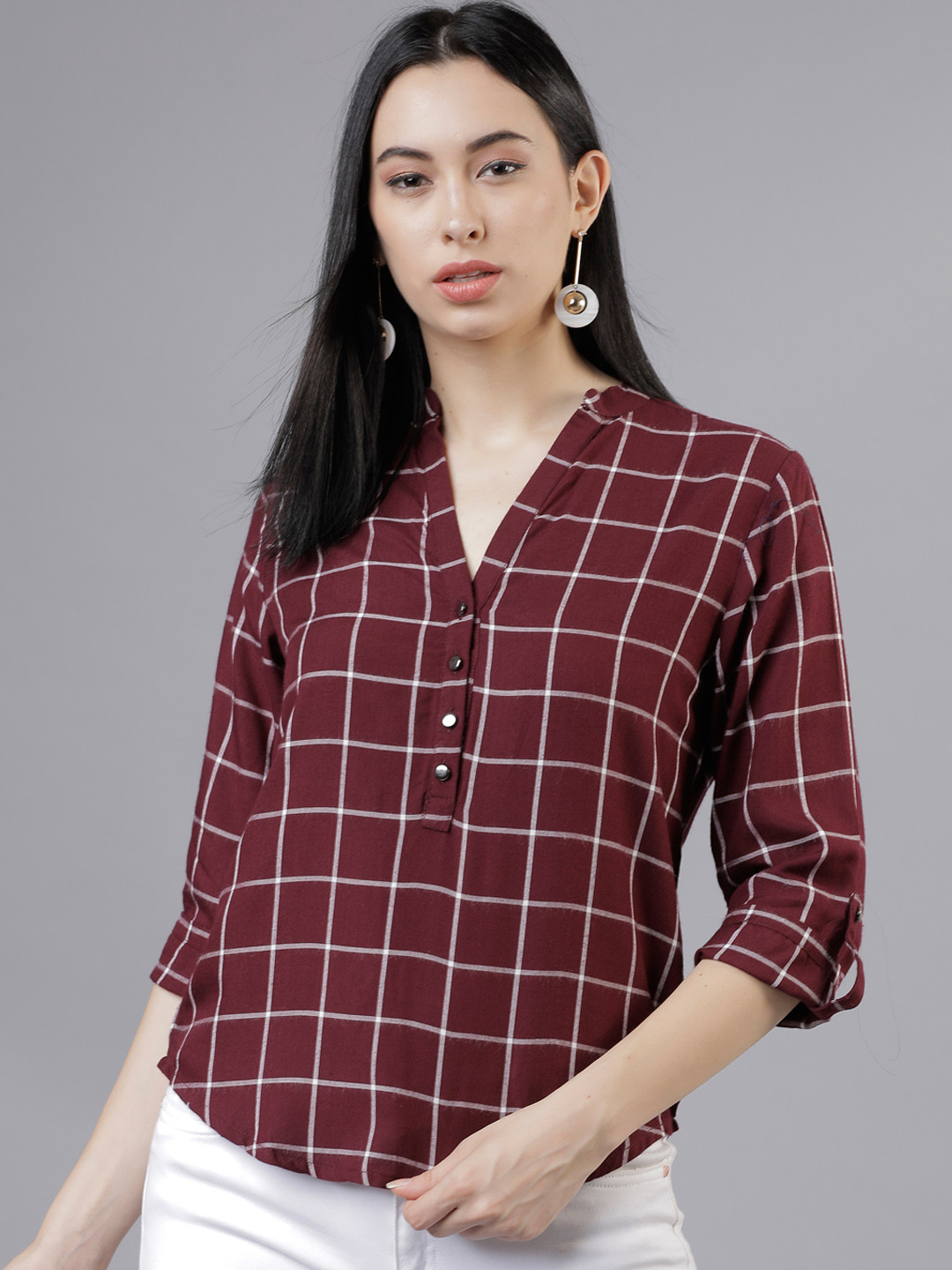 Tokyo Talkies Women Maroon Regular Fit Checked Casual Shirt