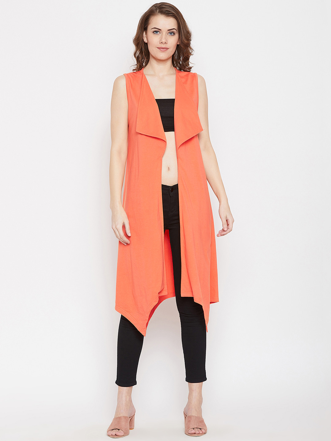 Hypernation Women Orange Solid Open Front Shrug