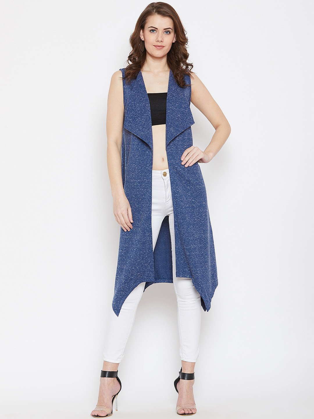 Hypernation Women Blue Solid Open Front Longline Shrug