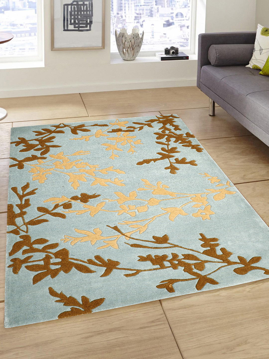 PRESTO Blue and Brown Printed Handmade Anti-Skid Woolen Carpet