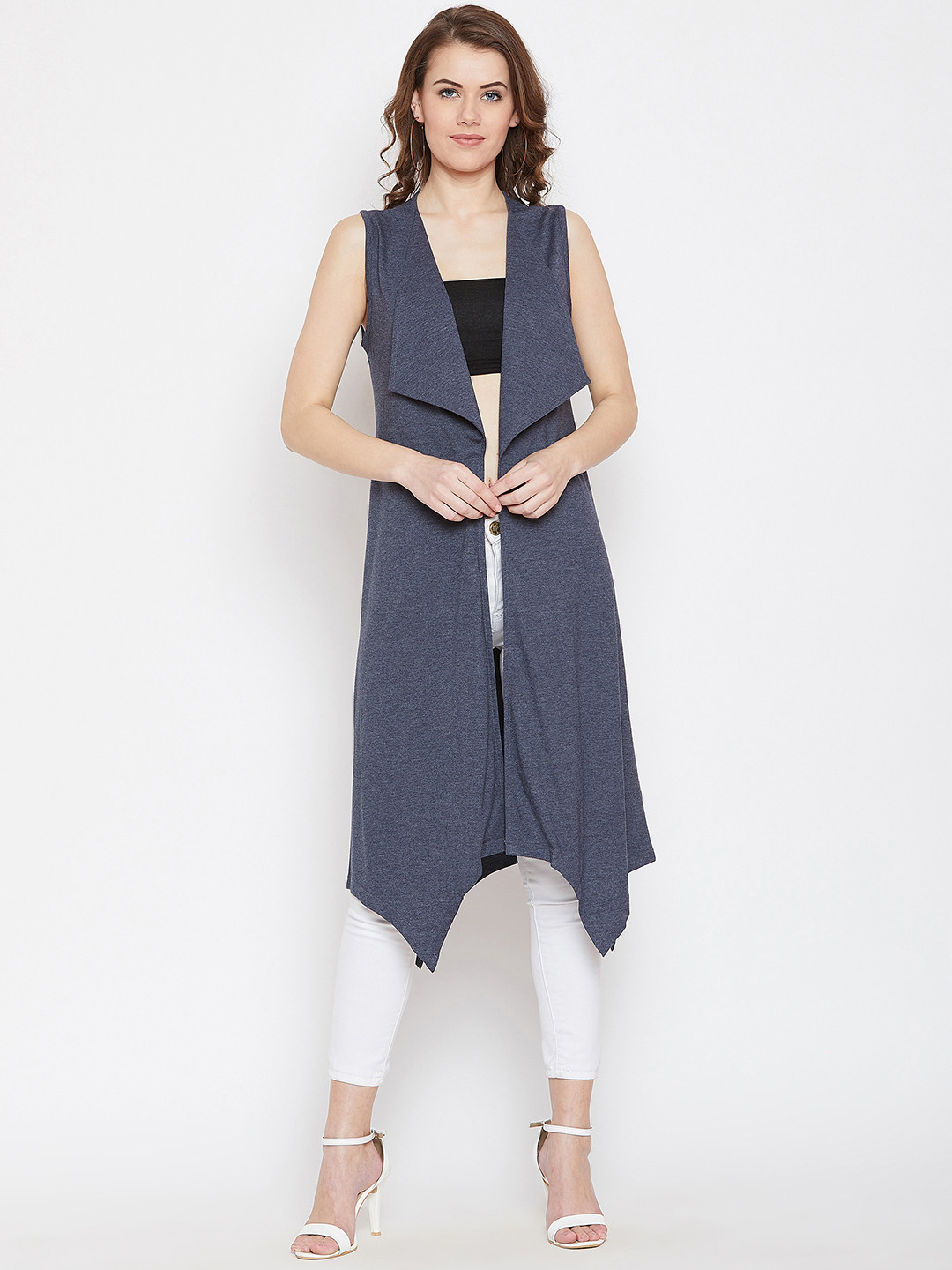 Hypernation Women Blue Solid Open Front Shrug
